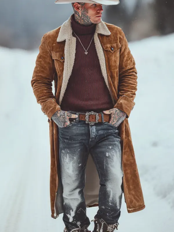 Winter Cowboy Style Long Coat With Faux Fur Trim - Wantbright.com 