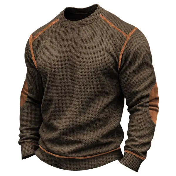 Men's Vintage Brown Waffle Knit Crewneck Suede Patches Sweatshirt - Wayrates.chimpone.com 