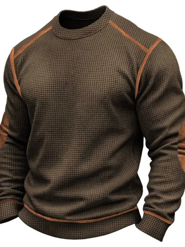 Men's Vintage Brown Waffle Knit Crewneck Suede Patches Sweatshirt - Wantbright.com 