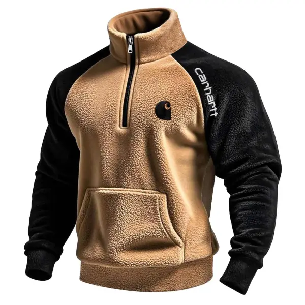 Men's Vintage Fleece Contrast Pocket Half-Zip Stand Collar Raglan Sleeve Sweatshirt - Wayrates.chimpone.com 