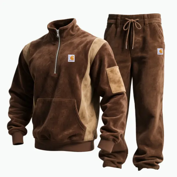 Men's Vintage Brown Suede Contrast Panels Half Zip Stand Collar Pocket Sweatshirt And Pants Set - Wayrates.chimpone.com 