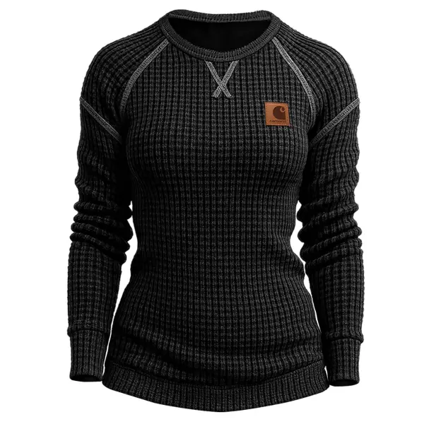Women's Vintage Black Waffle Knit Crewneck Long Sleeve Sweatshirt - Upgradecool.com 