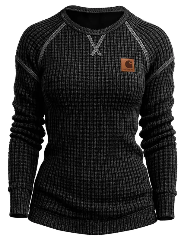 Carhartt Women's Vintage Black Waffle Knit Crewneck Sweatshirt - Wantbright.com 