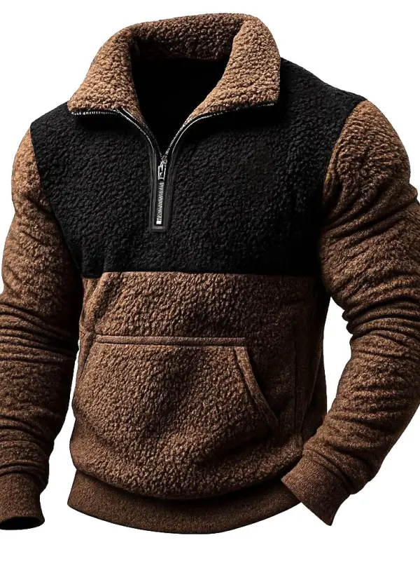 Men's Vintage Western Cowboy Fleece Color Block Quarter Zip Stand Collar Long Sleeve Sweatshirt - Wantbright.com 