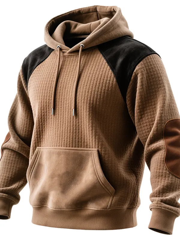 Men's Vintage Brown Suede Hooded Sweatshirt With Contrast Sleeves - Wantbright.com 