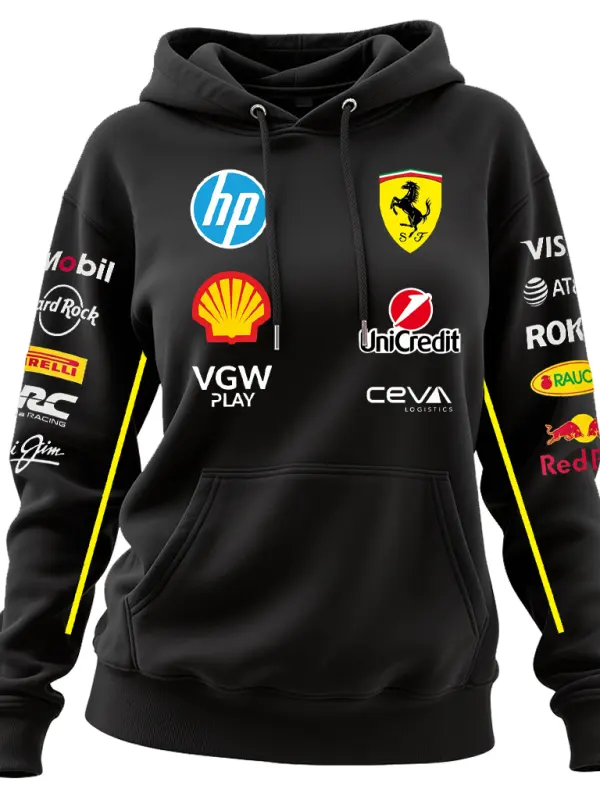 Women's 2025 Newest Retro Racing Print Black Oversized Hoodie - Simplyion.com 