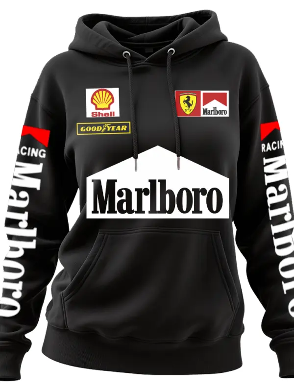 Women's 2025 Newest Retro Racing Print Black Oversized Hoodie - Simplyion.com 
