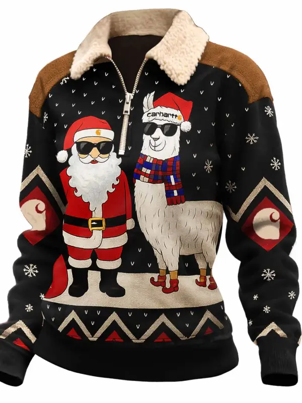 Women's Vintage Santa Llama Print Quarter-Zip Fleece Lapel Christmas Ugly Sweatshirt - Wantbright.com 