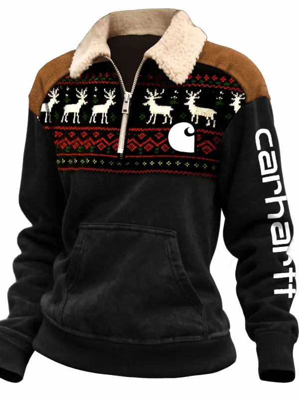 Women's Vintage Reindeer Print Pocket Quarter-Zip Fleece Lapel Christmas Ugly Sweatshirt - Wantbright.com 