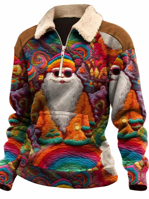 Women's Vintage Santa Groovy Hippie Print Pocket Quarter-Zip Fleece Lapel Ugly Christmas Sweatshirt - Wantbright.com 