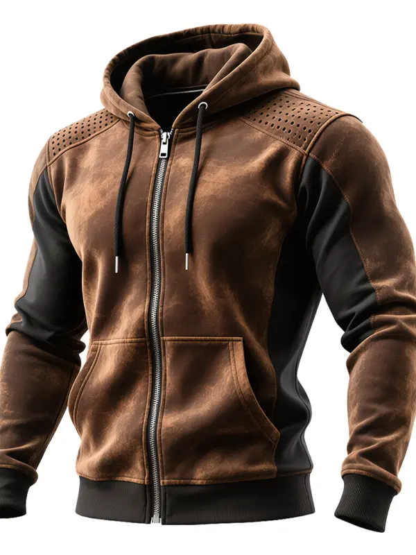 Men's Vintage Brown And Black Hooded Zip-Up Sweatshirt With Perforated Shoulders - Wantbright.com 