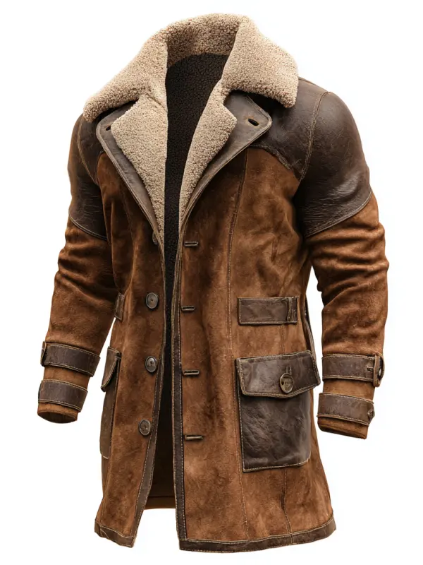 Men's Vintage Brown Leather Shearling Coat - Wantbright.com 