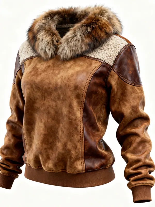 Women's Suede Patchwork Leather Fox Fur Collar Long Sleeved Sweatshirt - Wantbright.com 
