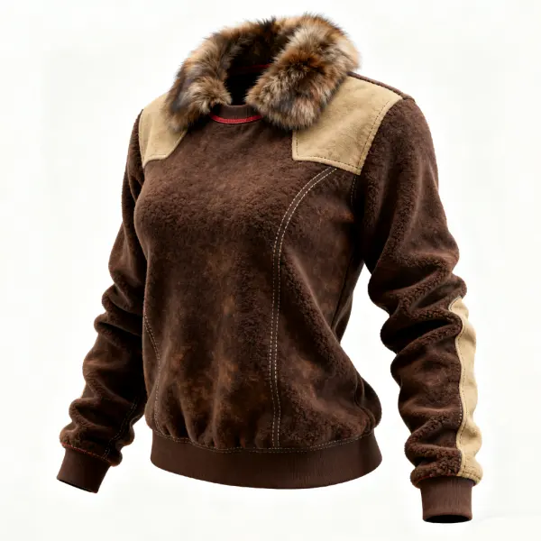 Cozy Faux Fur Trimmed Lamb Suede Spliced Suede Sweater For Winter Outdoors - Upgradecool.com 