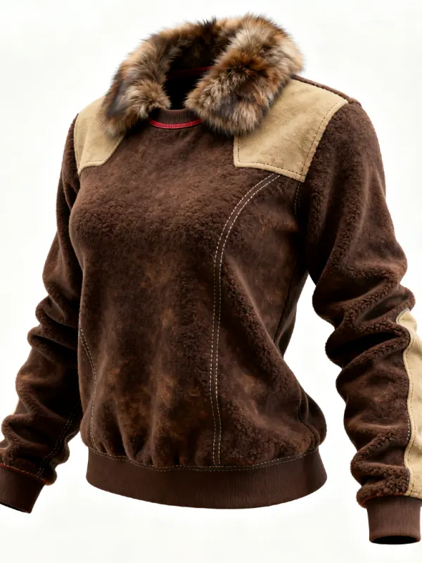 Cozy Faux Fur Trimmed Lamb Suede Spliced Suede Sweater For Winter Outdoors - Simplyion.com 