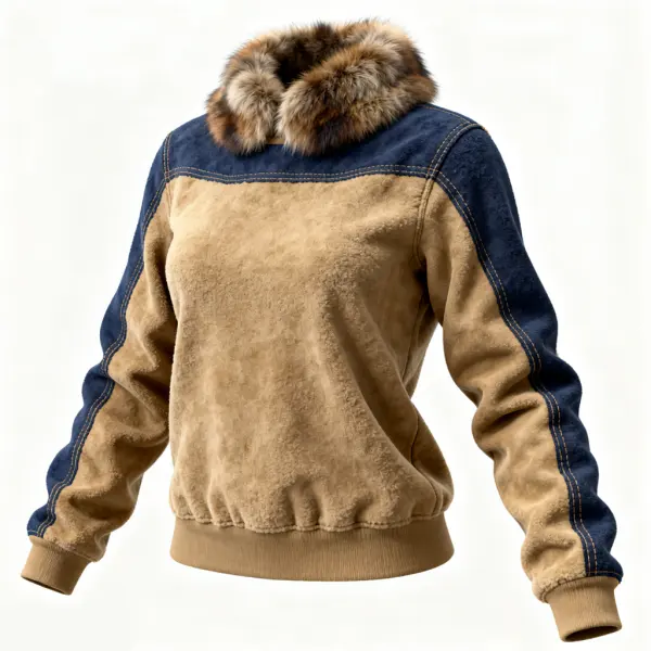Winter-Ready Cozy Faux Fur Trimmed Lamb Suede Spliced Suede Sweater For Winter Outdoors - Upgradecool.com 