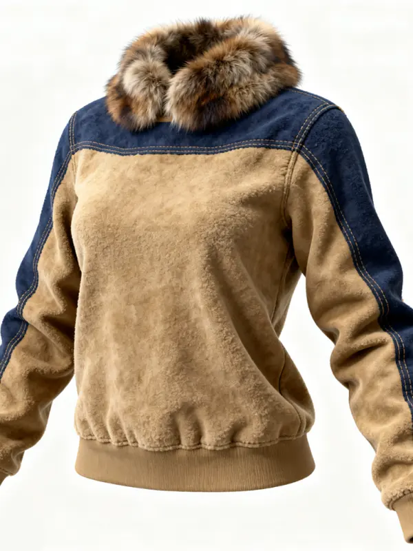 Winter-Ready Cozy Faux Fur Trimmed Lamb Suede Spliced Suede Sweater For Winter Outdoors - Simplyion.com 