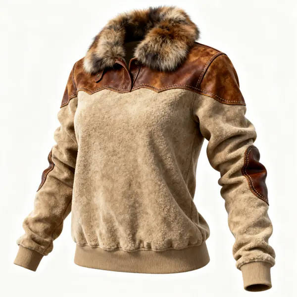 Winter Warmth Faux Fur Collar Long Sleeved Sweatshirt With Stylish Leather Accents - Upgradecool.com 