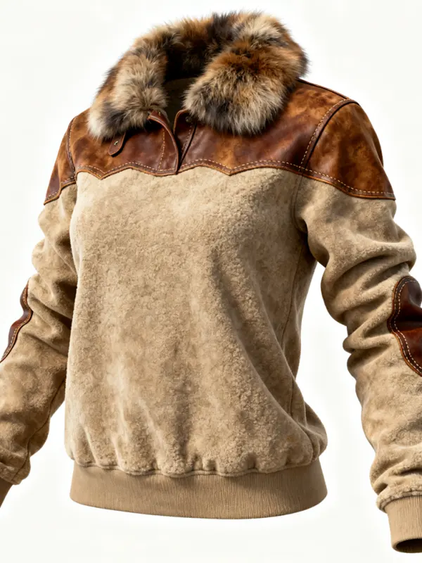 Winter Warmth Faux Fur Collar Long Sleeved Sweatshirt With Stylish Leather Accents - Menwyx.com 