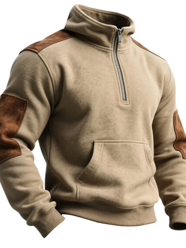 Men's Vintage Color Blocke Brown Suede Elbow Patches Pocket Half-Zip Stand Collar Sweatshirt - Simplyion.com 