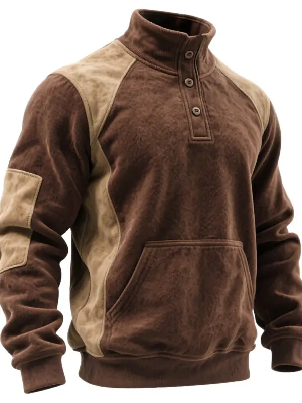 Men's Vintage Brown And Khaki Suede Patchwork Pocket Button-Down Stand Collar Sweatshirt - Simplyion.com 
