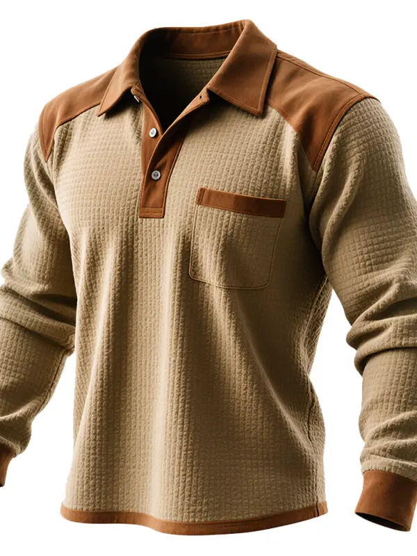 Men's Vintage Brown Waffle Suede Polo Sweatshirt With Contrast Shoulder Panels - Wantbright.com 