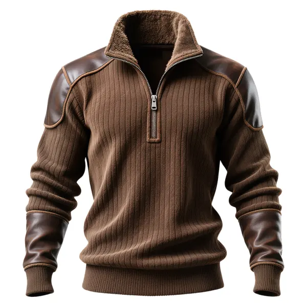 Men's Vintage Brown Ribbed Sweatshirt With Leather Accents And Fleece Collar - Wayrates.com 