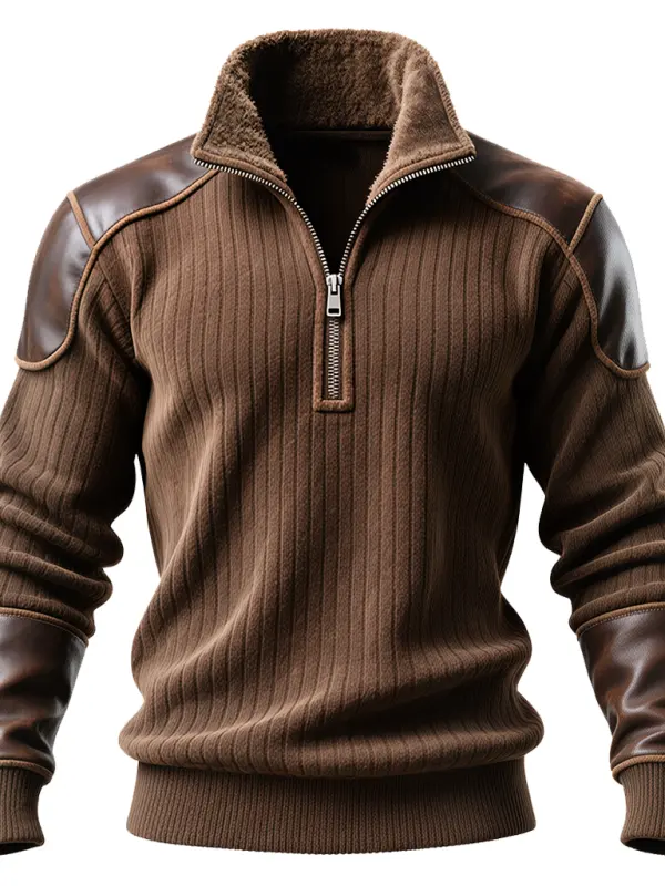Men's Vintage Brown Ribbed Sweatshirt With Leather Accents And Fleece Collar - Simplyion.com 