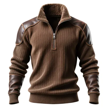 Men's Vintage Brown Ribbed Sweatshirt With Leather Accents And Fleece Collar
