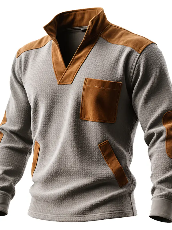 Men's Vintage Gray And Brown Color-Block Waffle Pullover With Pockets - Simplyion.com 