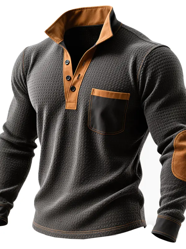 Men's Vintage Stylish Black Henley Sweatshirt With Contrast Orange Details - Wantbright.com 