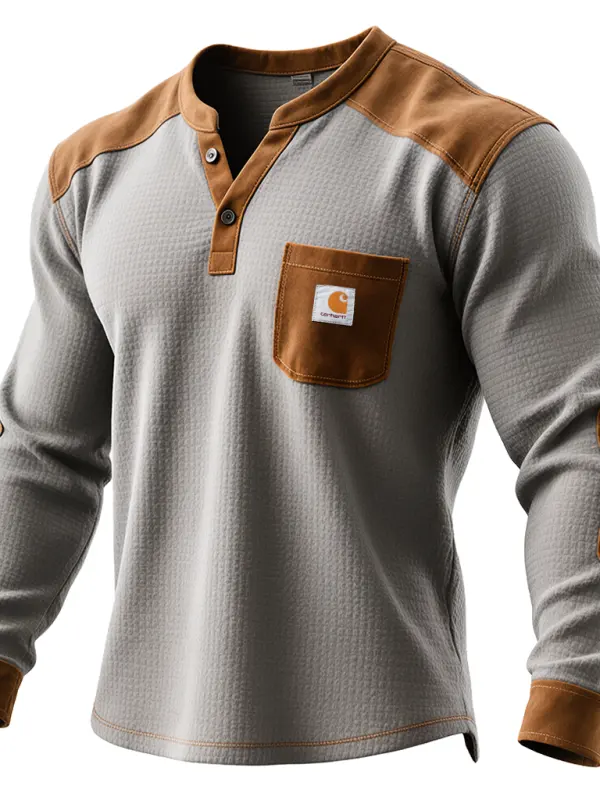 Men's Vintage Thermal Henley Sweatshirt With Contrast Details - Wantbright.com 