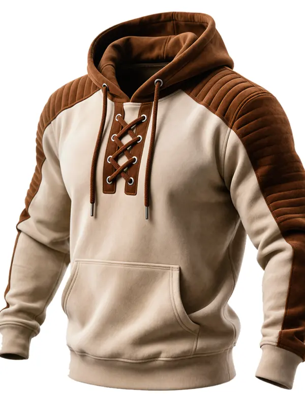 Men's Vintage Beige And Brown Hoodie With Lace-Up Detail - Simplyion.com 