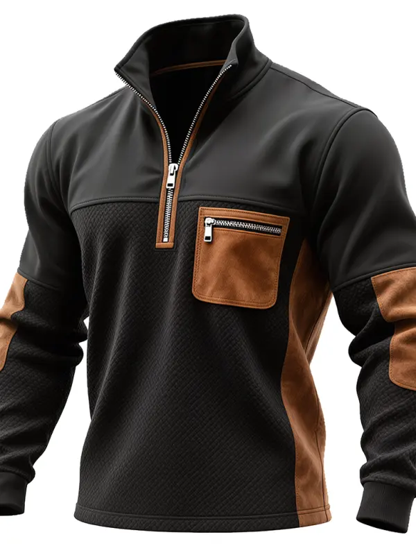 Men's Vintage Black And Brown Zip-Up Jacket With Functional Pockets - Simplyion.com 