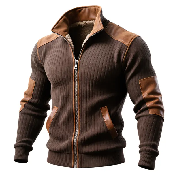Brown Ribbed Zip-Up Jacket With Leather Accents - Upgradecool.com 
