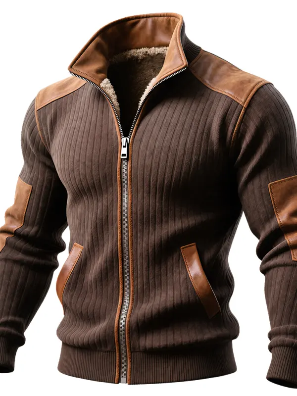 Brown Ribbed Zip-Up Jacket With Leather Accents - Simplyion.com 