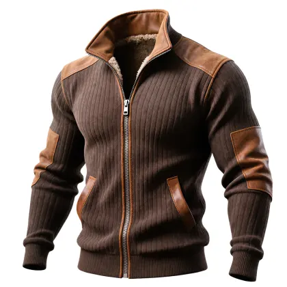 Brown Ribbed Zip-Up Jacket With Leather Accents
