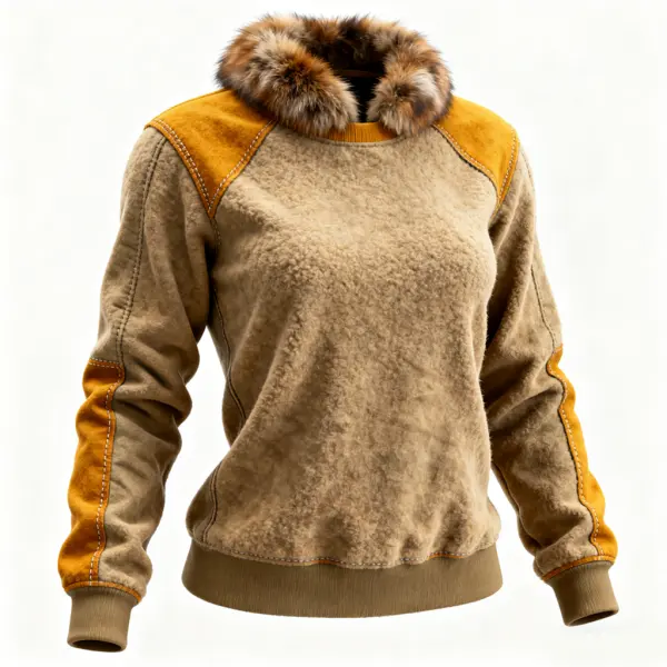Winter-Ready Faux Fur Collar Lamb Suede Spliced Suede Sweater With Distressed Look - Upgradecool.com 