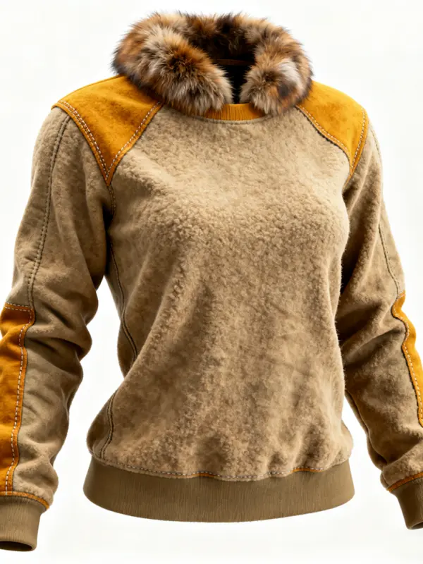 Winter-Ready Faux Fur Collar Lamb Suede Spliced Suede Sweater With Distressed Look - Wantbright.com 