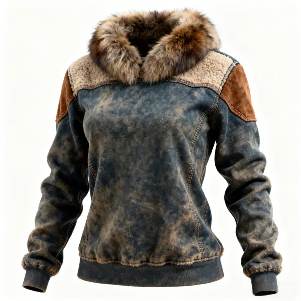 Winter-Ready Faux Fur Collar Lamb Spliced Suede Sweater With Distressed Look - Upgradecool.com 