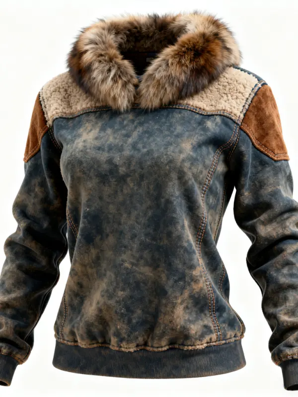 Winter-Ready Faux Fur Collar Lamb Spliced Suede Sweater With Distressed Look - Simplyion.com 