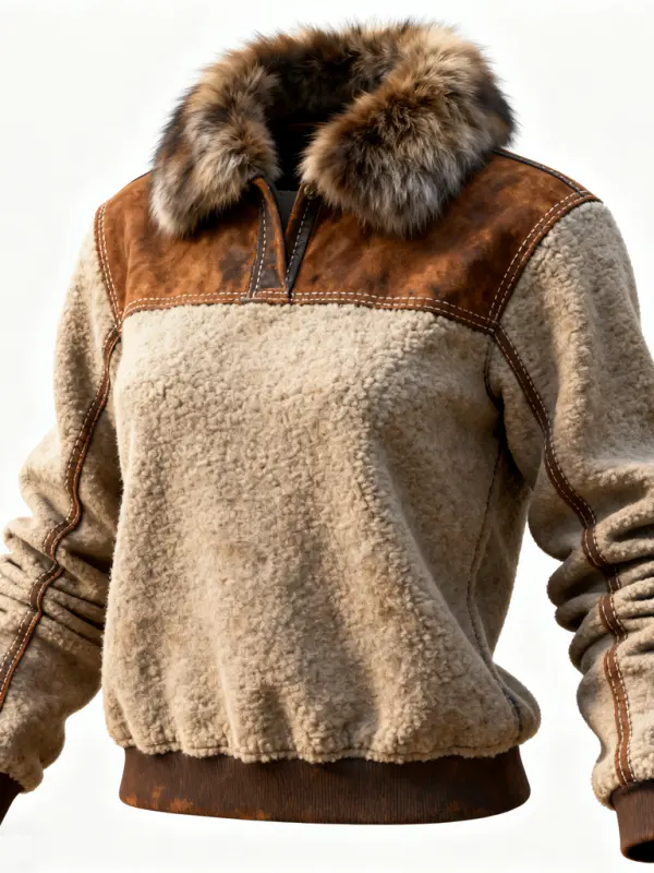 Winter Warmth Faux Fur Collar Sweater With Cozy Shearling Design - Wantbright.com 