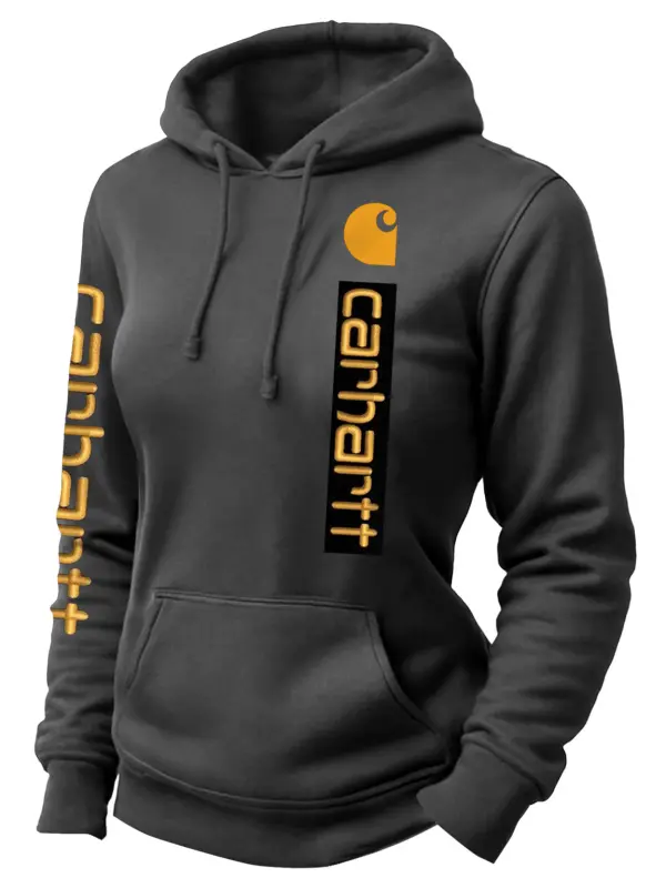 Women's Vintage Logo Print Dark Gray Pocket Long-Sleeve Hoodie - Wantbright.com 