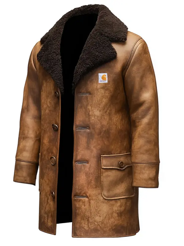 Men's Vintage Brown Leather Pocket Fur Lapel Mid-length Shearling Collar Jacket Coat - Wantbright.com 