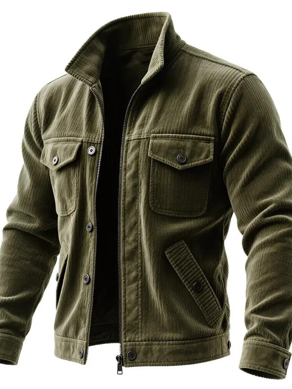 Men's Vintage Military Green Corduroy Jacket With Zipper And Button Details - Simplyion.com 