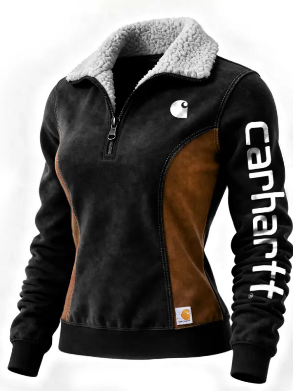 Women's Winter Warm Half-Zip Suede Splicing Sweatshirt With Faux Fur Collar And Logo Embellishment - Simplyion.com 