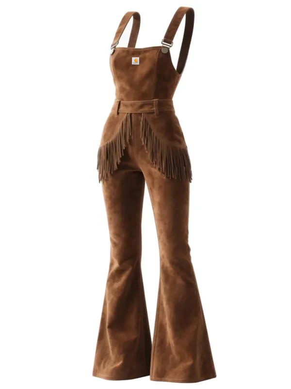 Women's Suede Tassel Overalls Jumpsuit Flared Wide-Leg Pants - Simplyion.com 