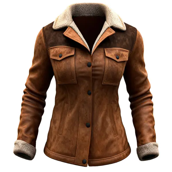 Women's Vintage Brown Suede Contrast Fleece Lapel Shearling Jacket - Upgradecool.com 
