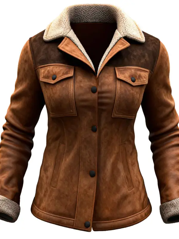 Women's Vintage Brown Suede Contrast Fleece Lapel Shearling Jacket - Wantbright.com 