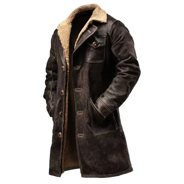 Men's Vintage Dark Brown Suede Leather Faux Fur Jacket Shearling Coat - Wayrates.com 